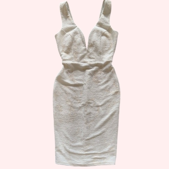 Windsor Cream Silver Gold Jacquard Dress Deep Plunge Backless Boned Bodice Sz S - Picture 2 of 15